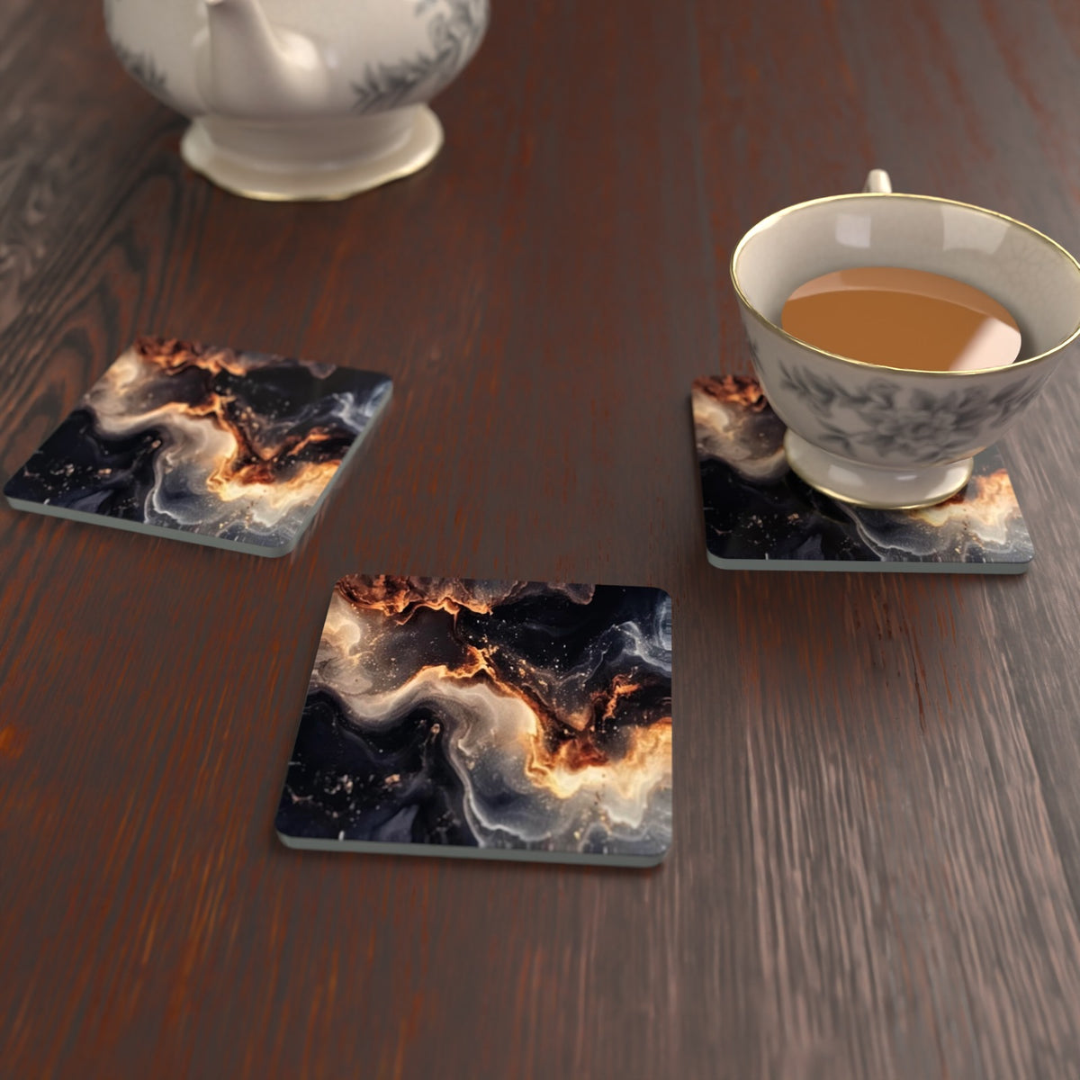 Black & Gold Lava Marble Square Glass Coasters – Set of 6 – Pre-order – lifestyle mockup 2