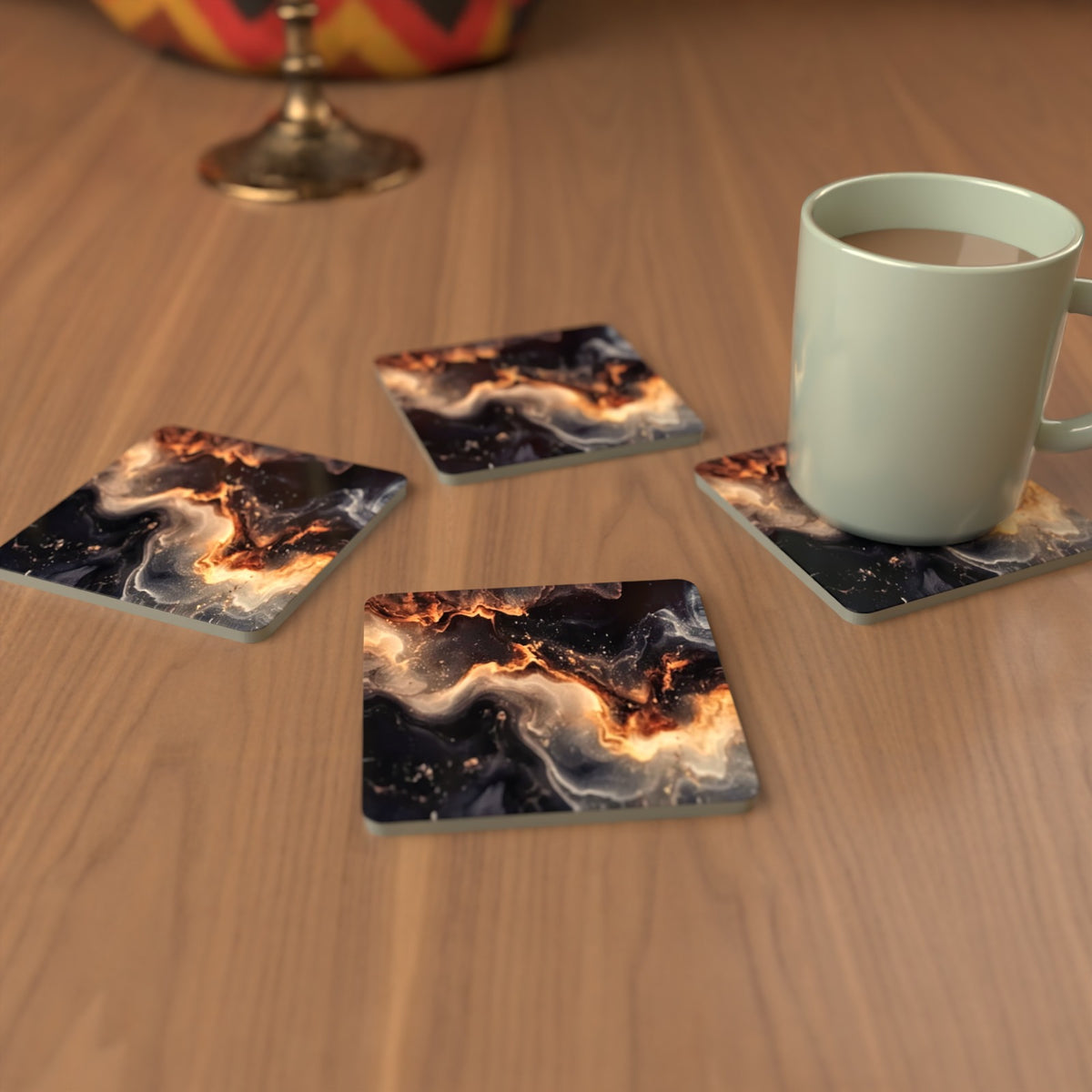 Black & Gold Lava Marble Square Glass Coasters – Set of 6 – Pre-order – lifestyle mockup 3