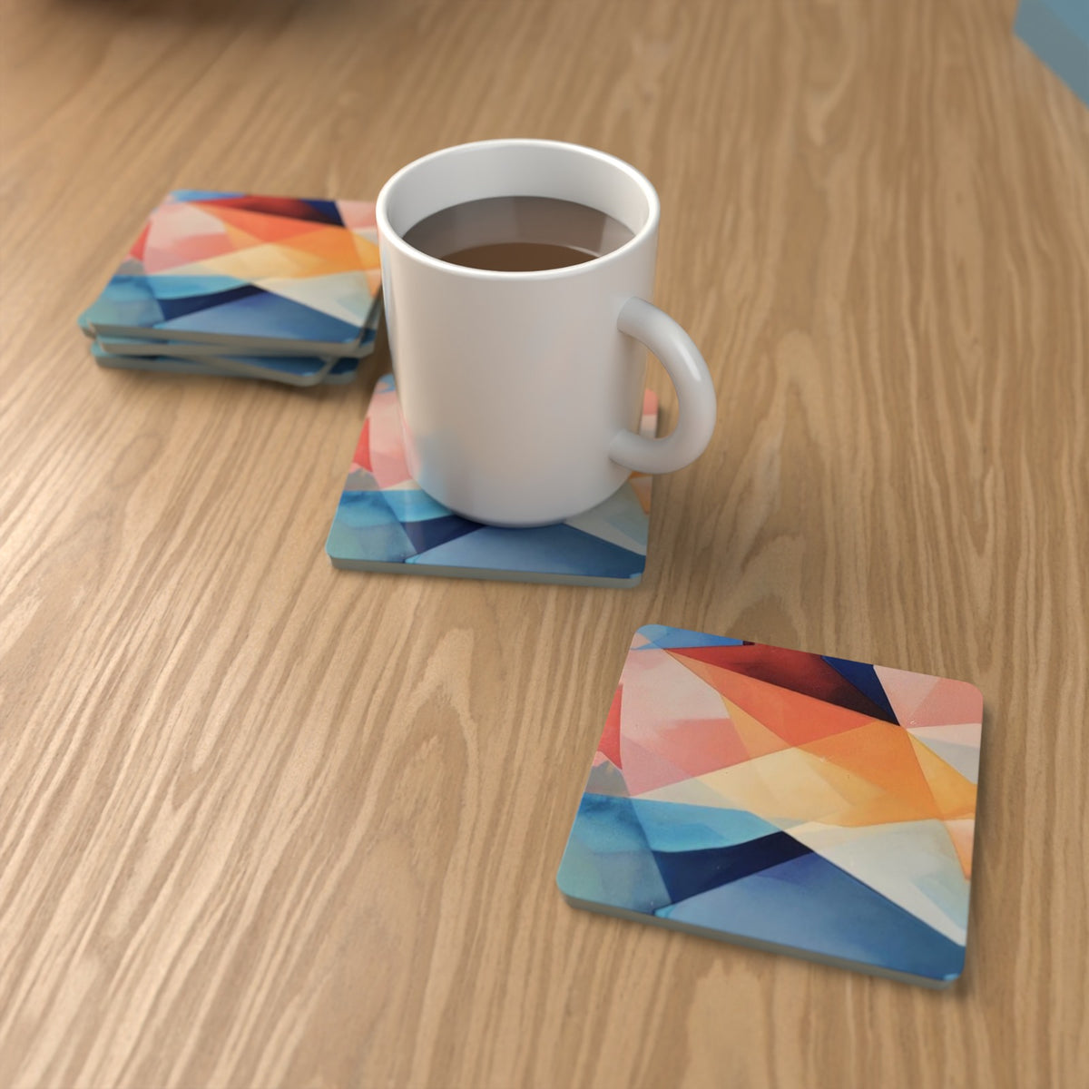 Geometric Rainbow Square Glass Coasters – Set of 6 – Pre-order – lifestyle mockup 1