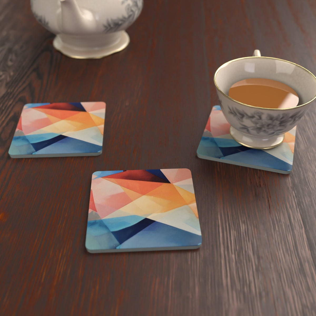 Geometric Rainbow Square Glass Coasters – Set of 6 – Pre-order – lifestyle mockup 2