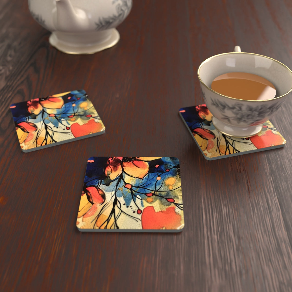 Wildflower Meadow Watercolour Square Glass Coasters – Set of 6 – Pre-order – lifestyle mockup 2