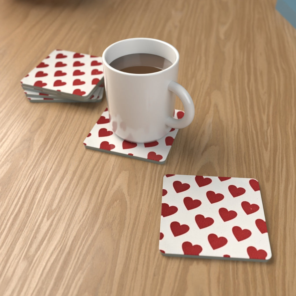 Where the Heart Is Red & White Heart Square Glass Coasters – Set of 6 – Pre-order – lifestyle mockup 1