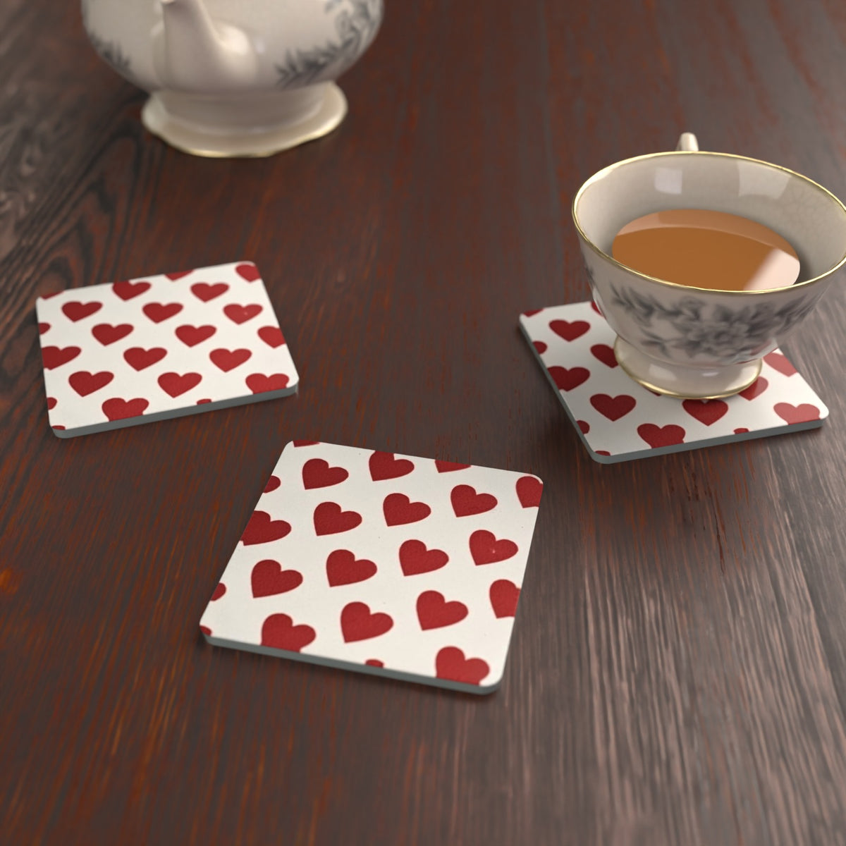 Where the Heart Is Red & White Heart Square Glass Coasters – Set of 6 – Pre-order – lifestyle mockup 2