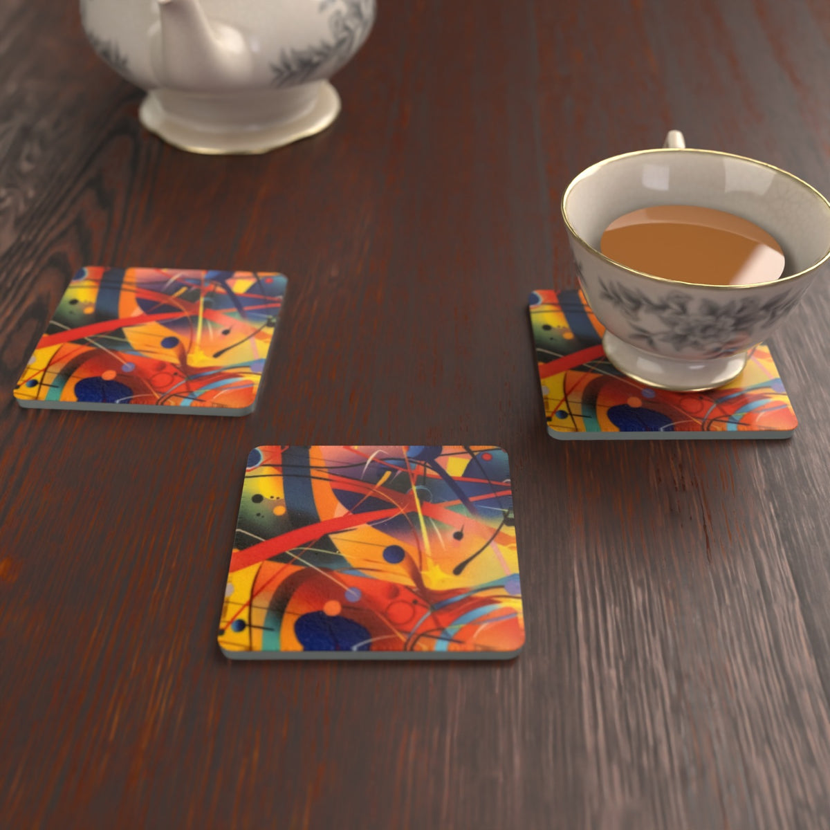 Chaotic Watercolour Abstract Square Glass Coasters – Set of 6 – Pre-order – lifestyle mockup 2