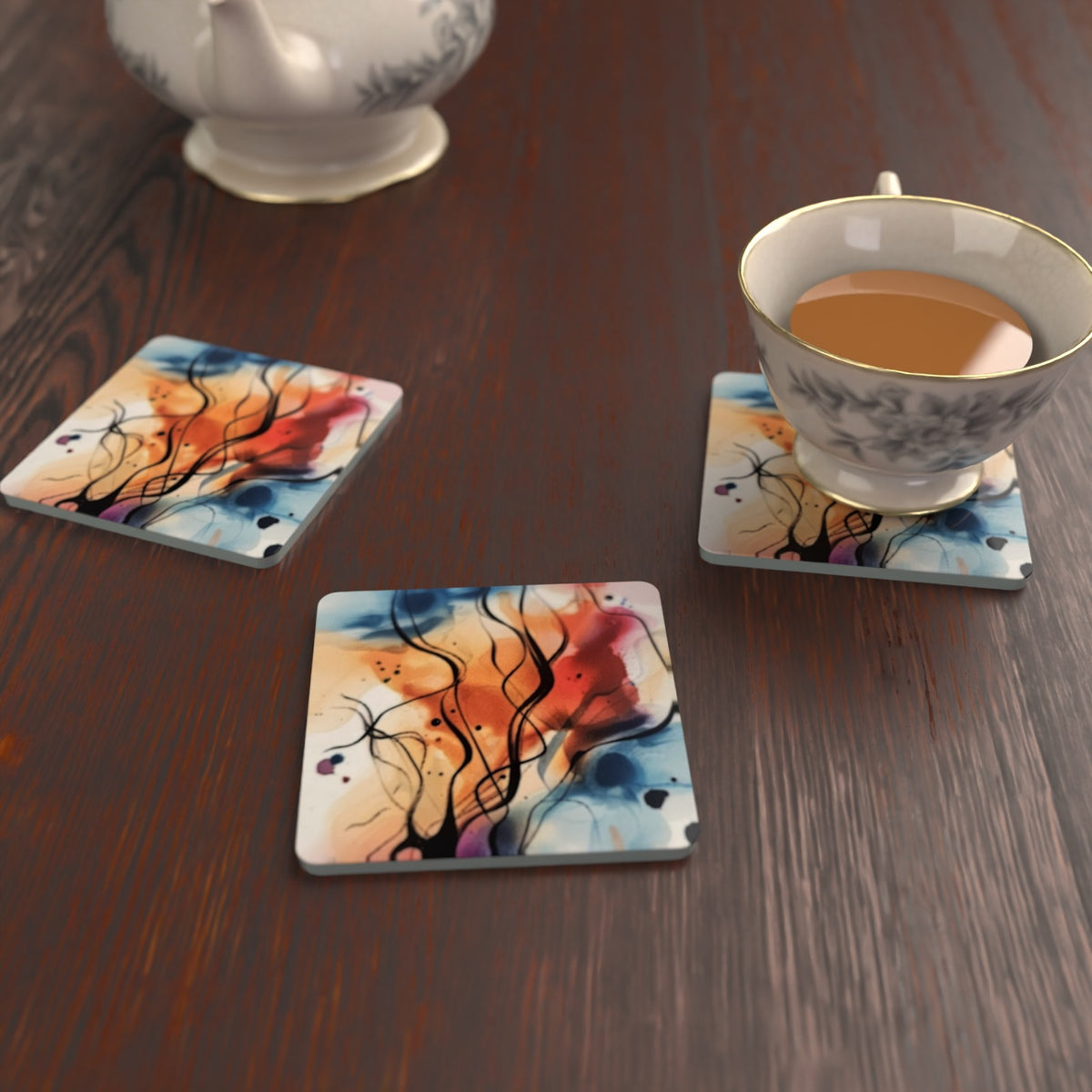 Watercolour Branches No.3 Square Glass Coasters – Set of 6 – Pre-order – lifestyle mockup 2