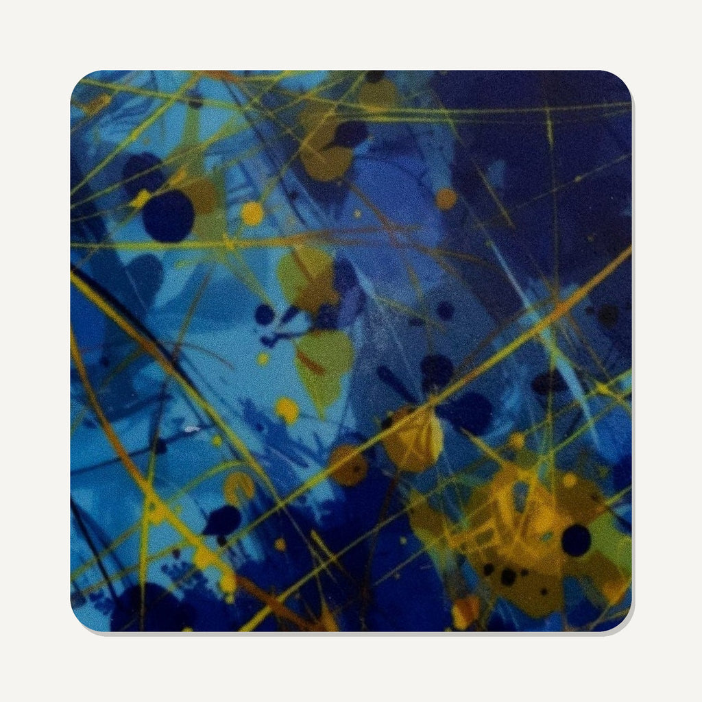 Blue & Yellow Abstract – the flat artwork printed on these square glass coasters