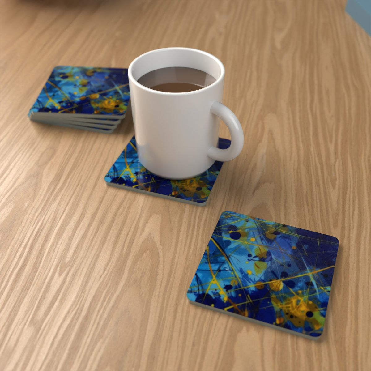 Blue & Yellow Abstract Square Glass Coasters – Set of 6 – Pre-order – lifestyle mockup 1