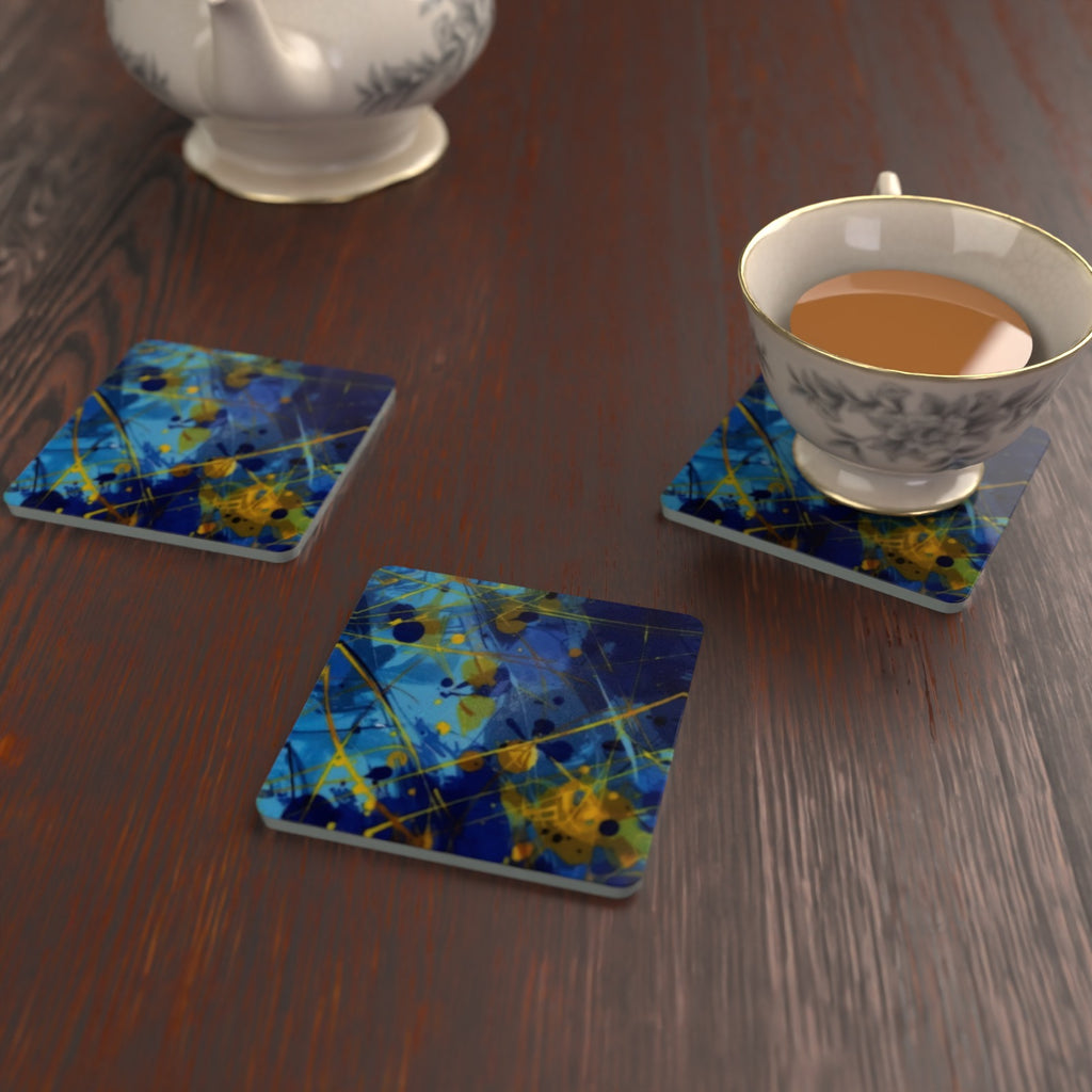 Blue & Yellow Abstract Square Glass Coasters – Set of 6 – Pre-order – lifestyle mockup 2
