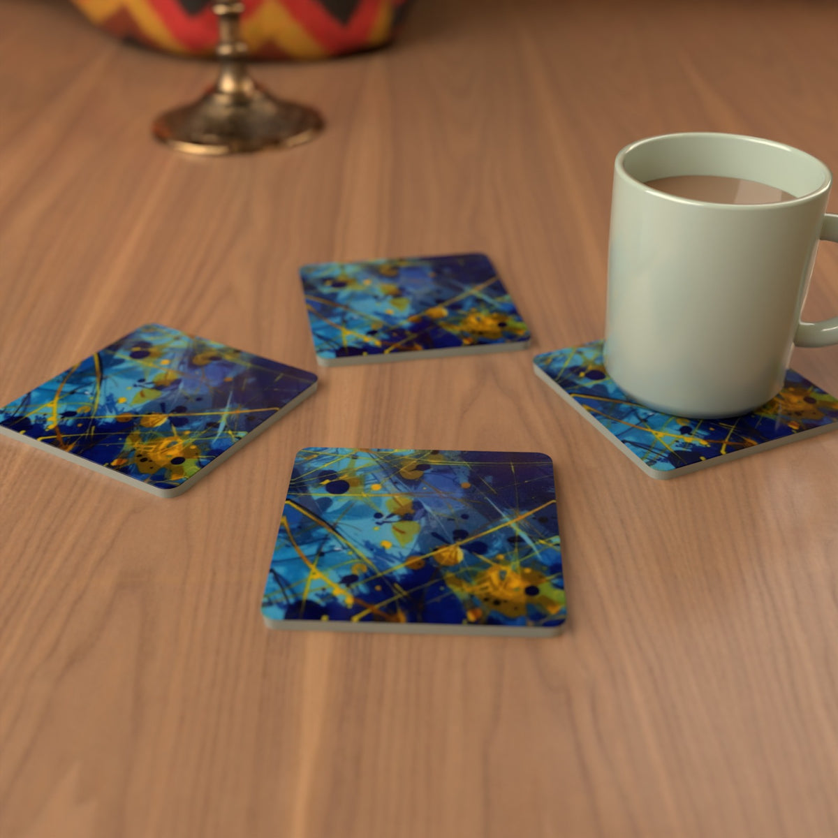 Blue & Yellow Abstract Square Glass Coasters – Set of 6 – Pre-order – lifestyle mockup 3