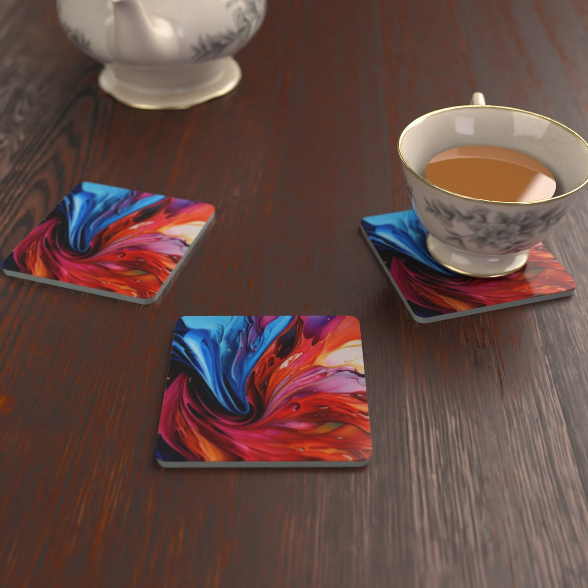 Abstract Vortex No.7 Square Glass Coasters – Set of 6 – Pre-order – lifestyle mockup 2