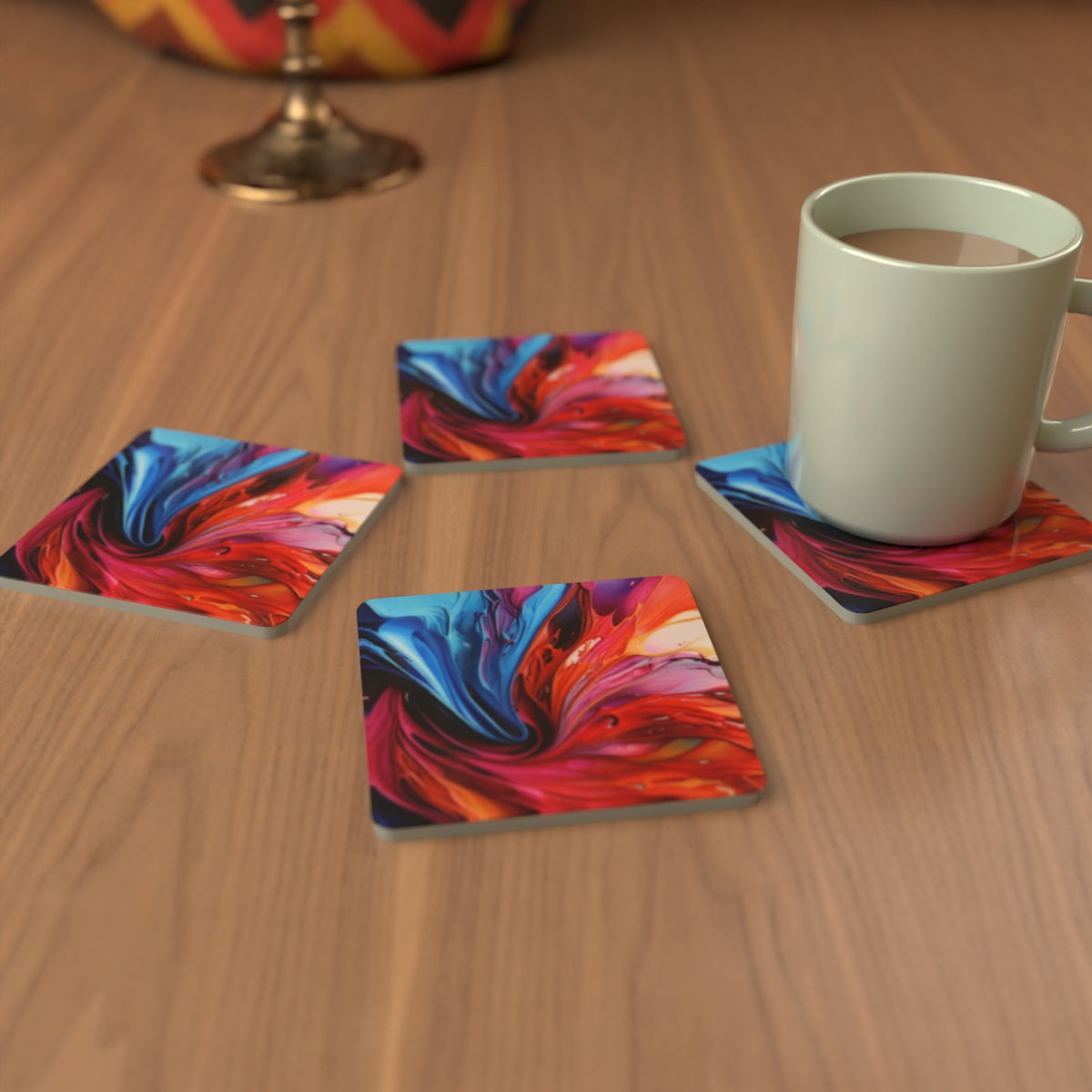 Abstract Vortex No.7 Square Glass Coasters – Set of 6 – Pre-order – lifestyle mockup 3