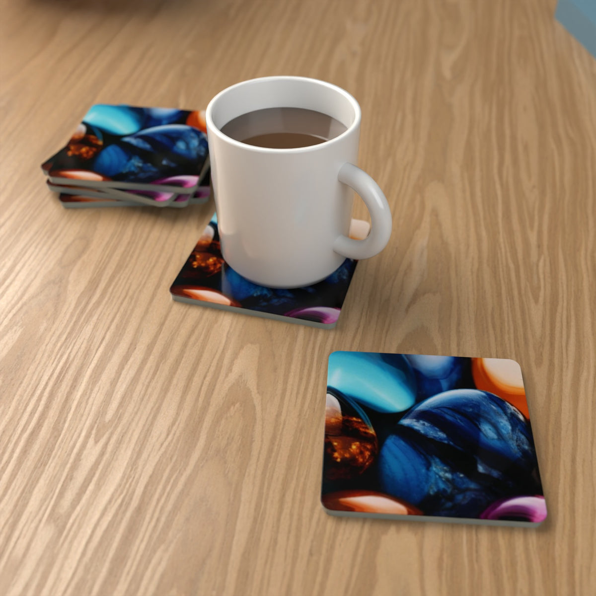Pebbles Abstract Square Glass Coasters – Set of 6 – Pre-order – lifestyle mockup 1