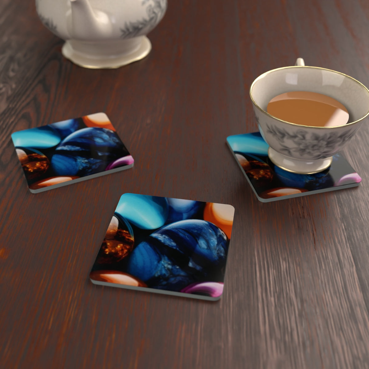 Pebbles Abstract Square Glass Coasters – Set of 6 – Pre-order – lifestyle mockup 2