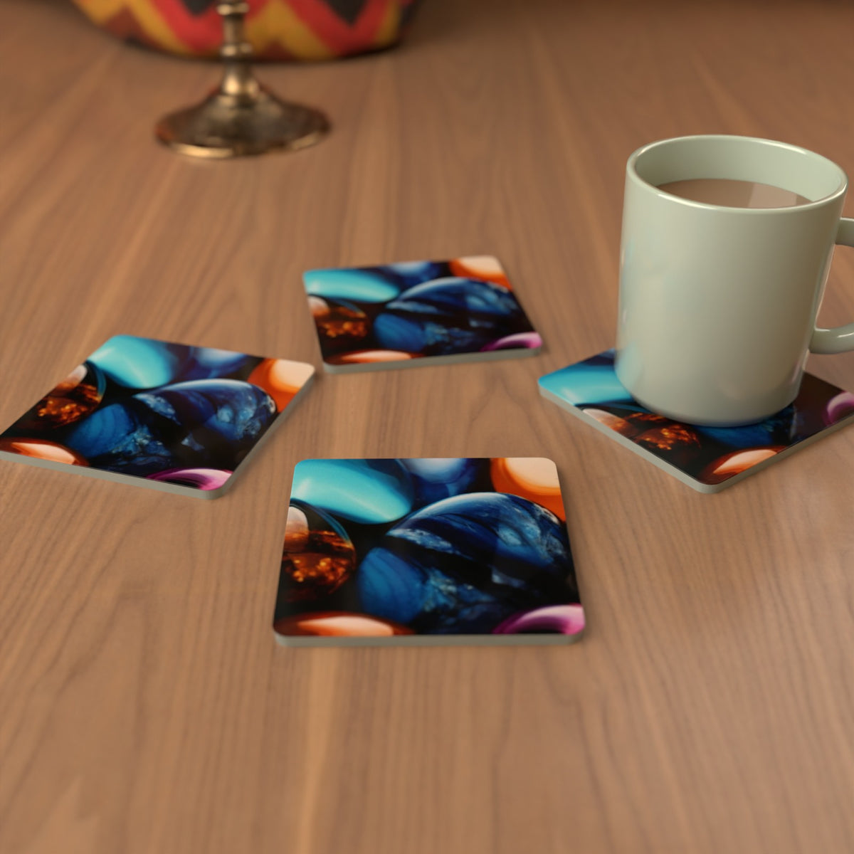 Pebbles Abstract Square Glass Coasters – Set of 6 – Pre-order – lifestyle mockup 3