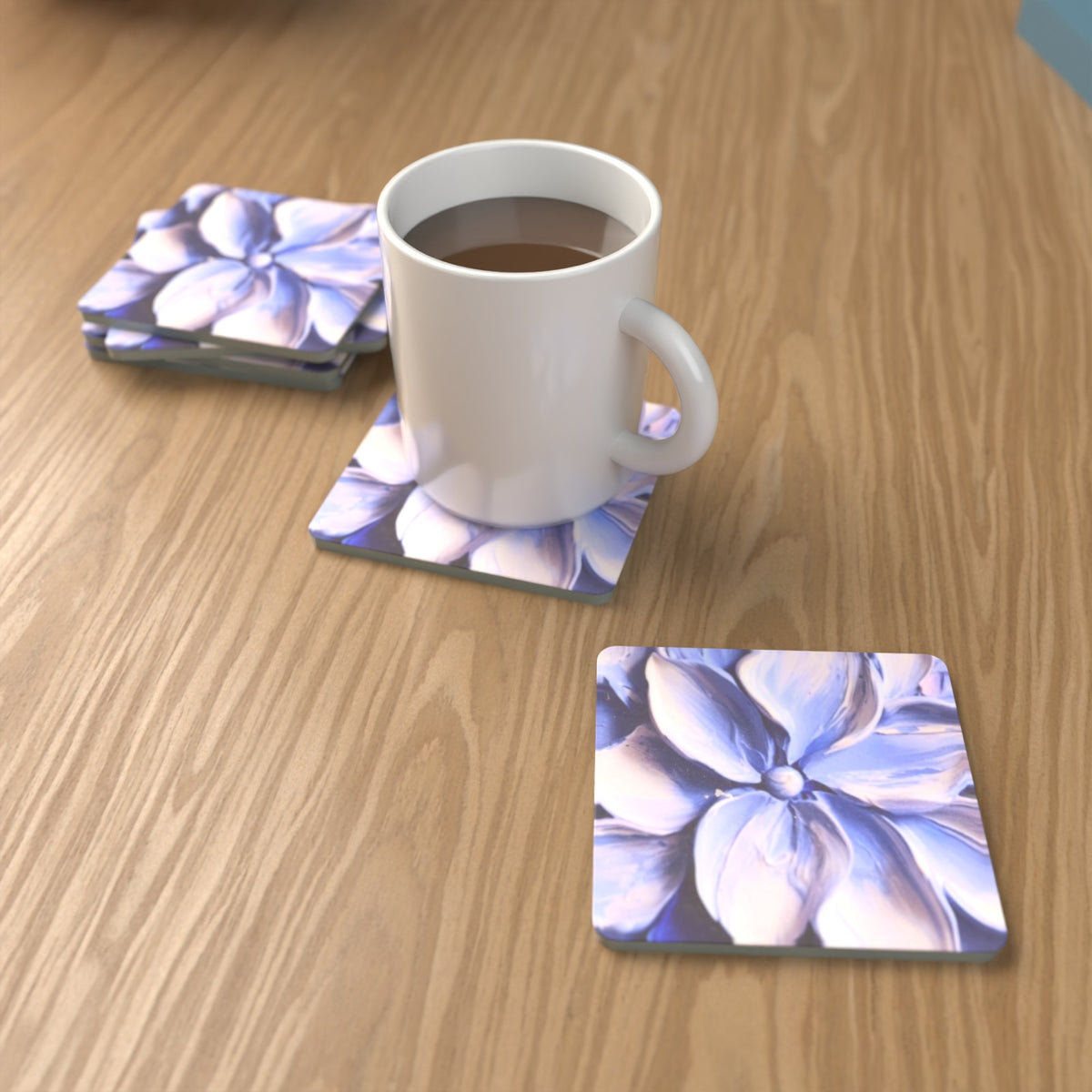 Lilac Lily Oil Painting Square Glass Coasters – Set of 6 – Pre-order – lifestyle mockup 1