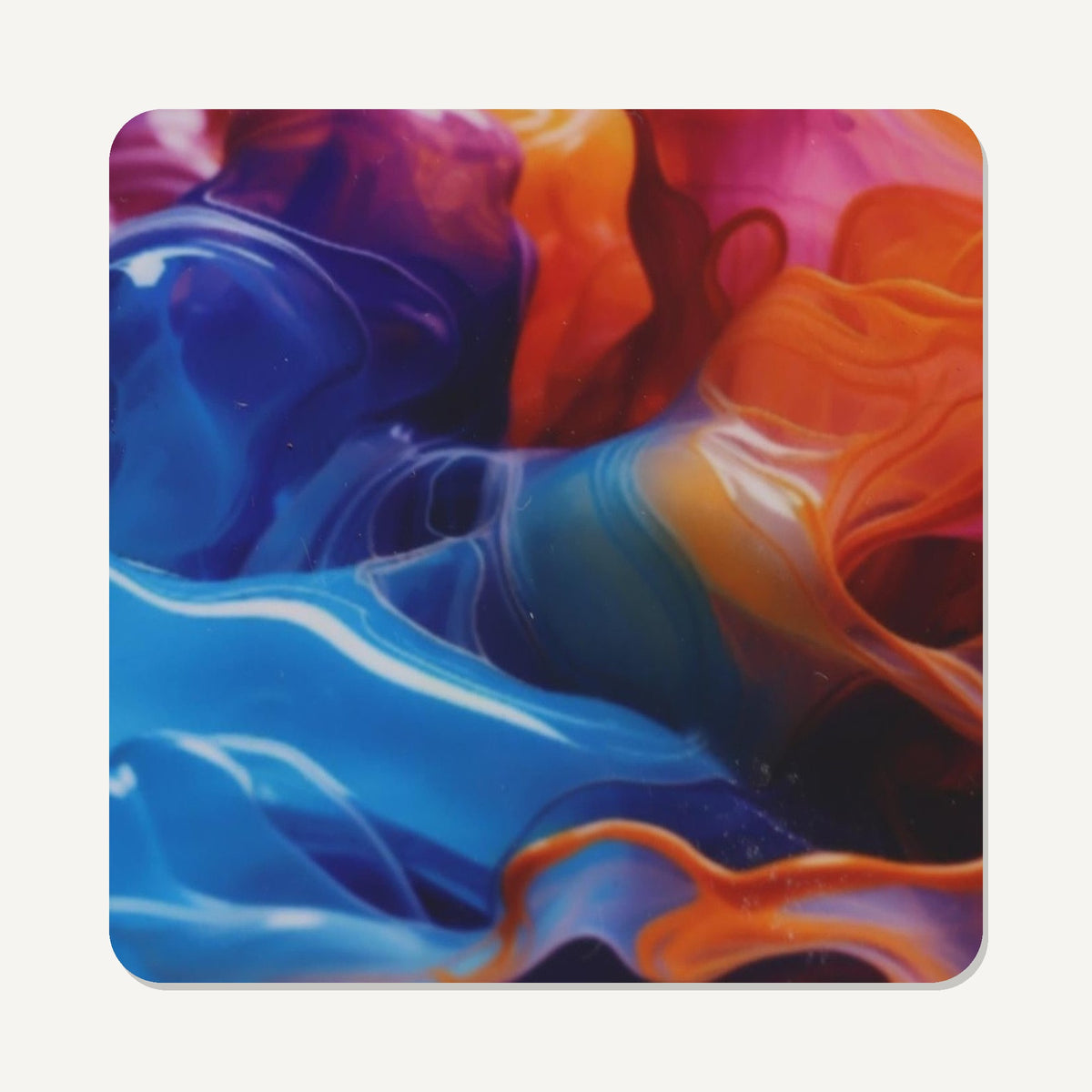 Liquid Splash Blue & Orange – the flat artwork printed on these square glass coasters