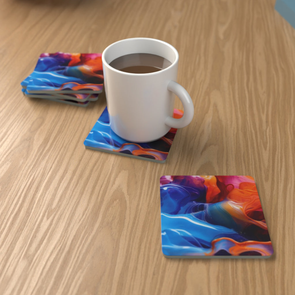 Liquid Splash Blue & Orange Square Glass Coasters – Set of 6 – Pre-order – lifestyle mockup 1