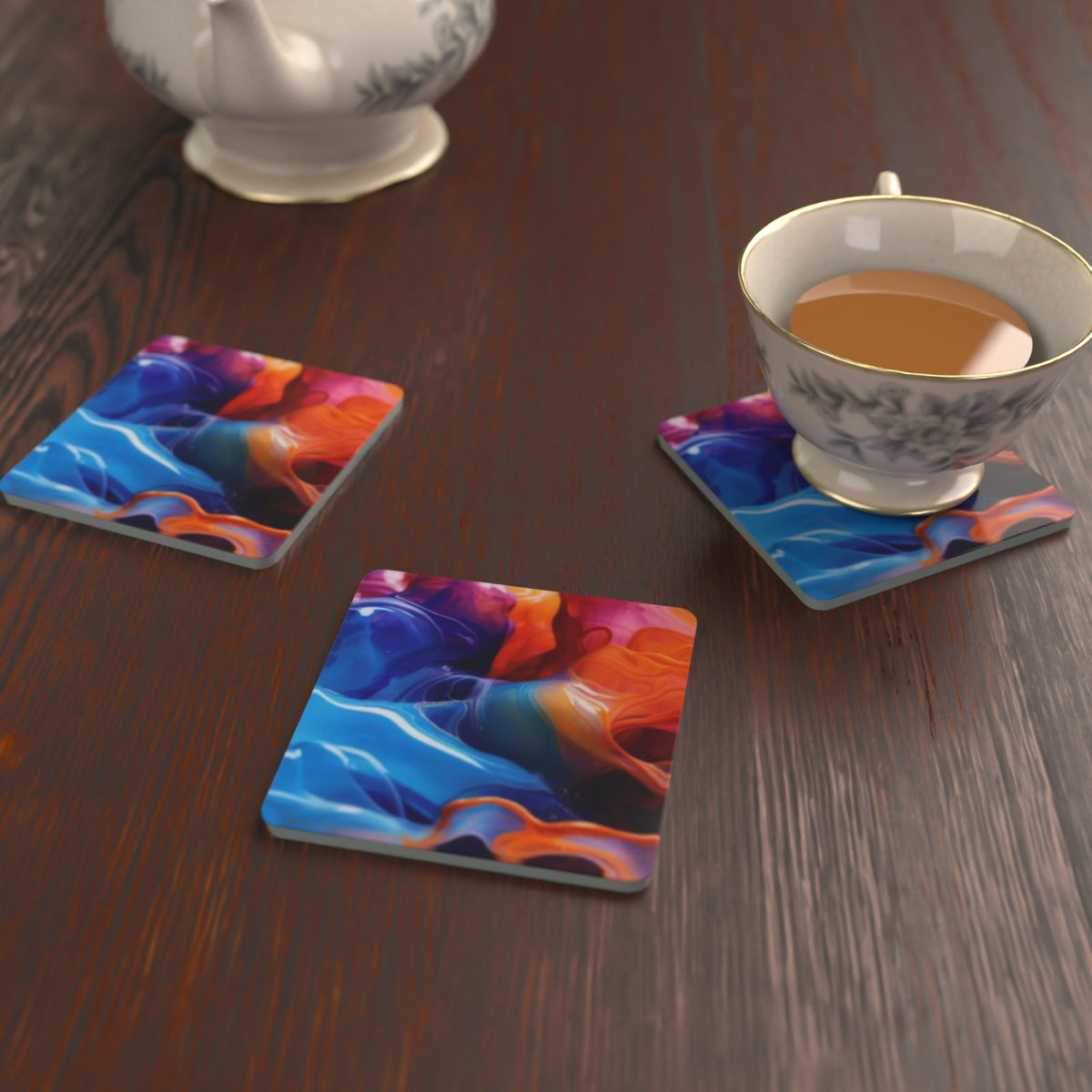 Liquid Splash Blue & Orange Square Glass Coasters – Set of 6 – Pre-order – lifestyle mockup 2