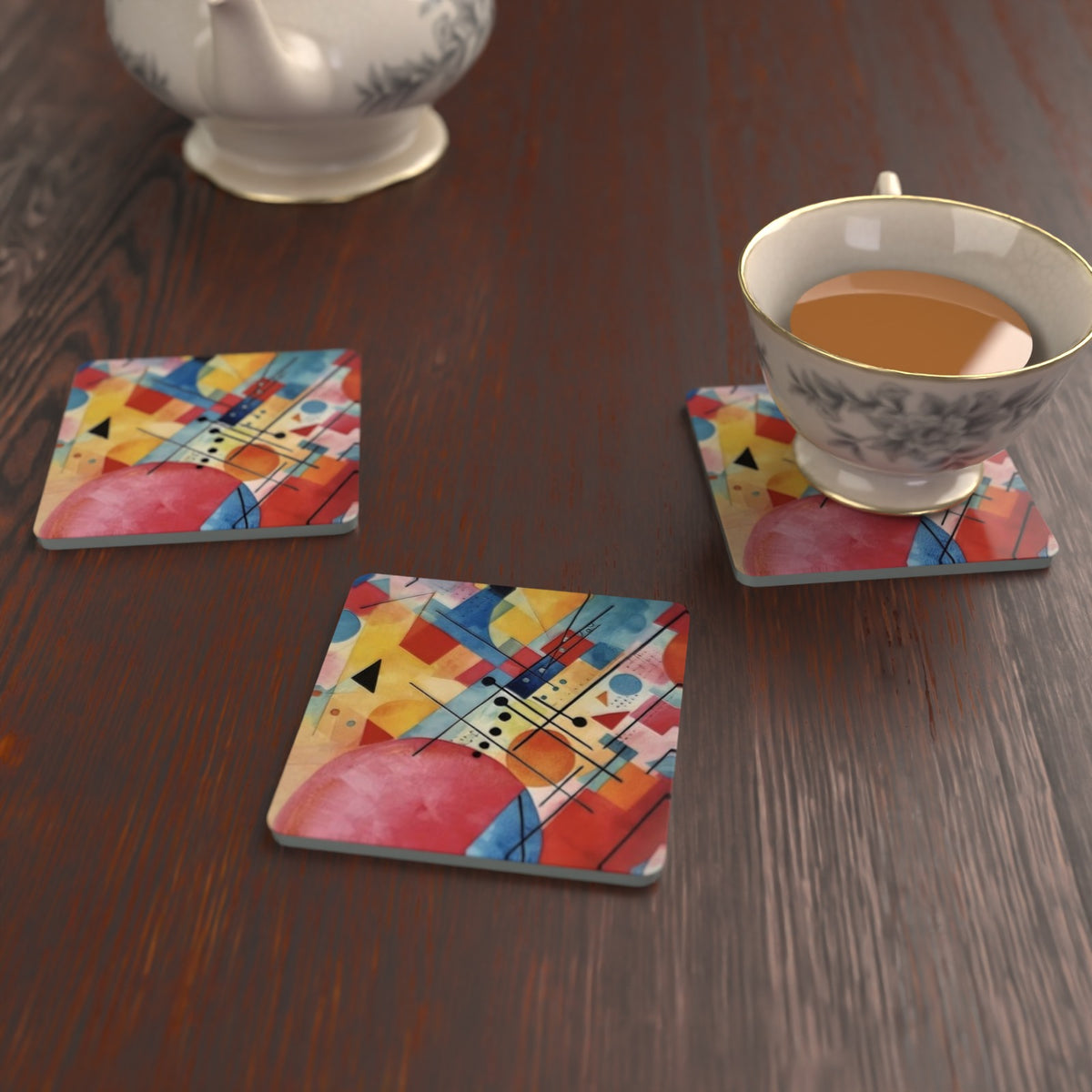 Abstract Geometric Square Glass Coasters – Set of 6 – Pre-order – lifestyle mockup 2