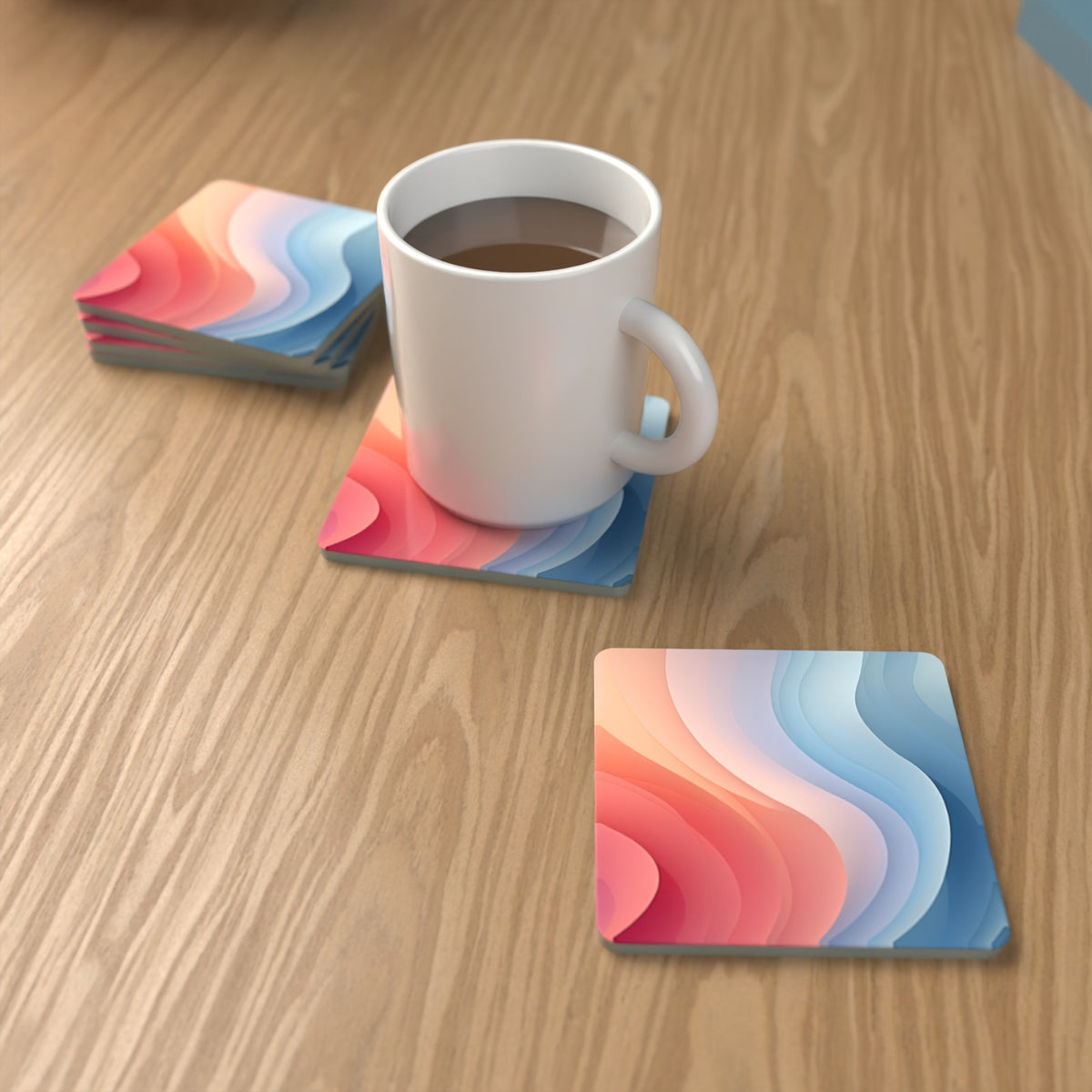 Peach & Sky Blue Fluid Marble Square Glass Coasters – Set of 6 – Pre-order – lifestyle mockup 1
