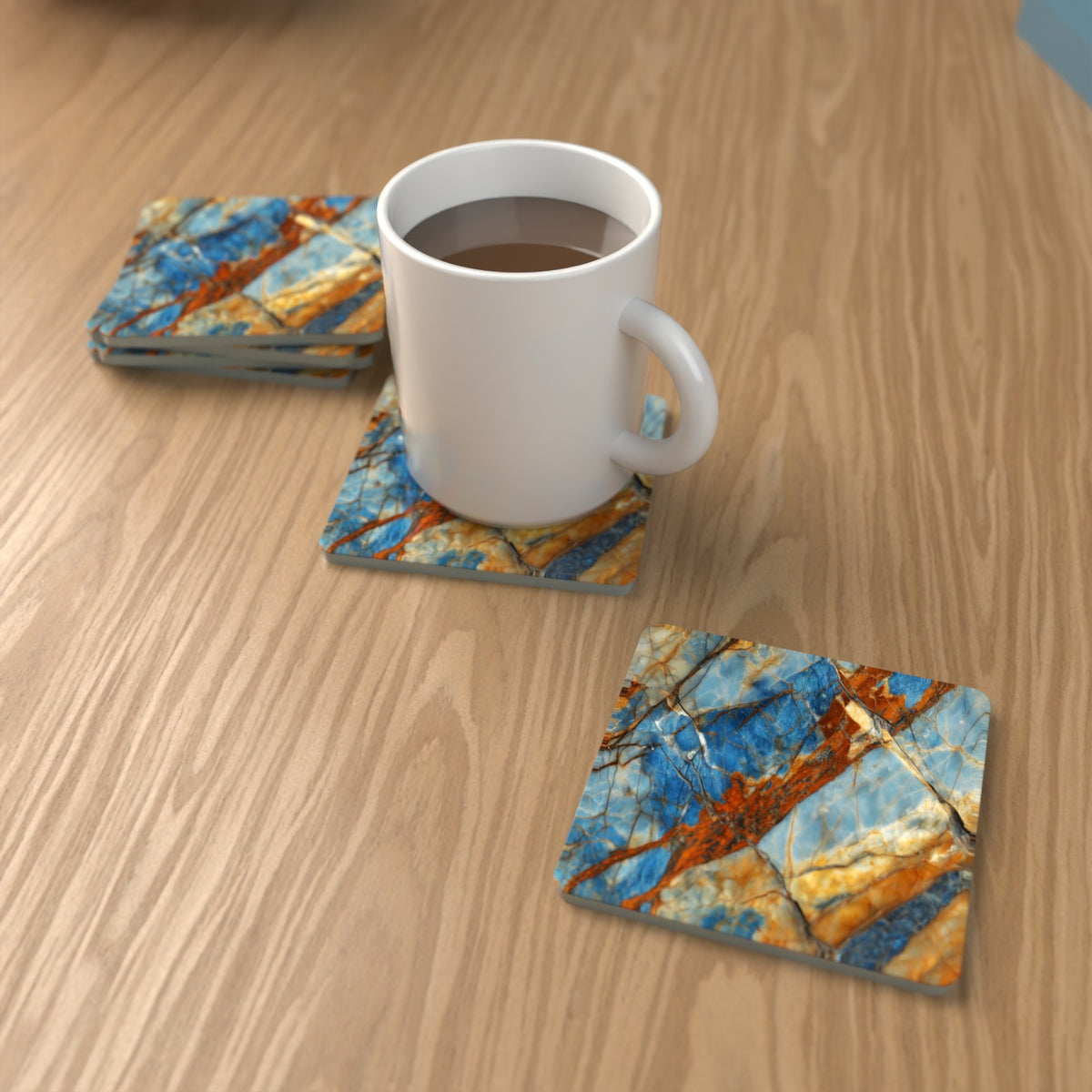 Blue & Copper Marble Square Glass Coasters – Set of 6 – Pre-order – lifestyle mockup 1