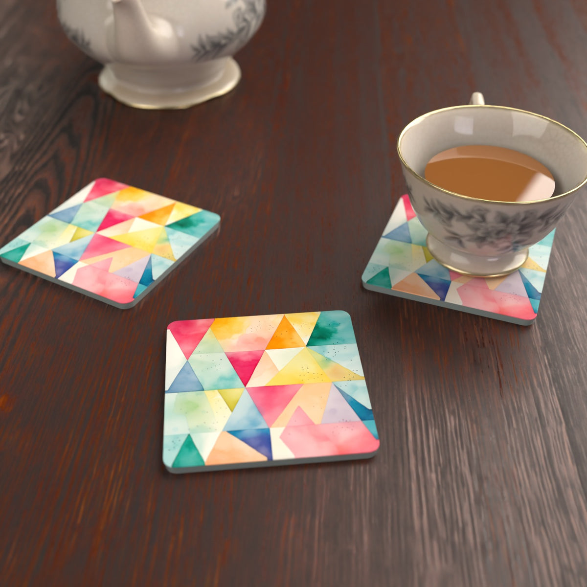 Pastel Harlequin Geometric Square Glass Coasters – Set of 6 – Pre-order – lifestyle mockup 2