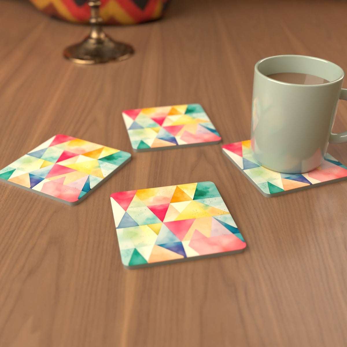 Pastel Harlequin Geometric Square Glass Coasters – Set of 6 – Pre-order – lifestyle mockup 3