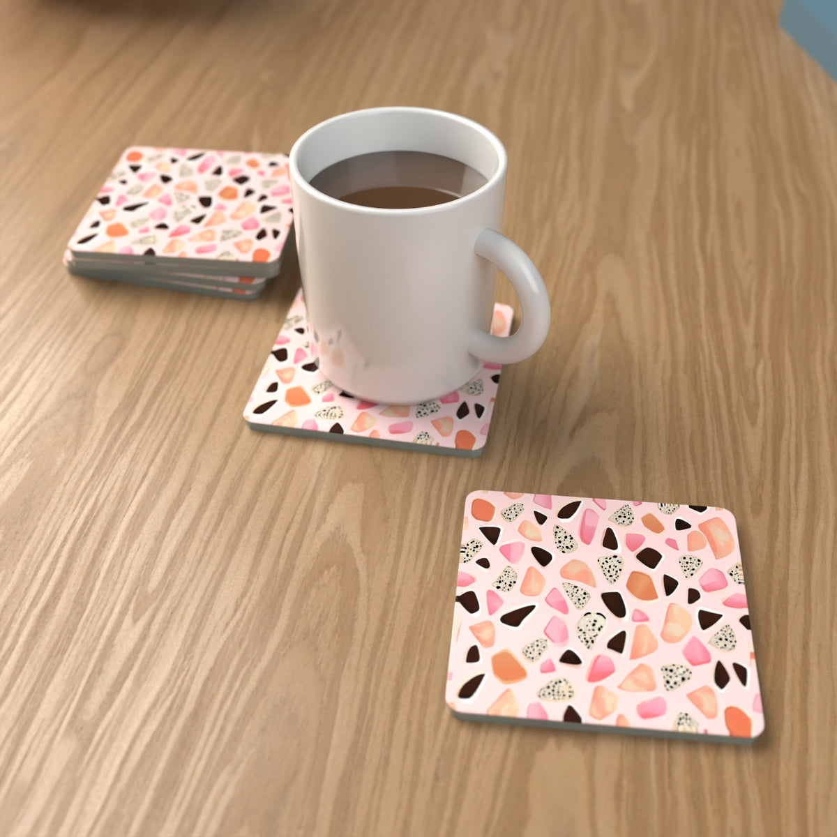 Blush Pink Terrazzo Square Glass Coasters – Set of 6 – Pre-order – lifestyle mockup 1