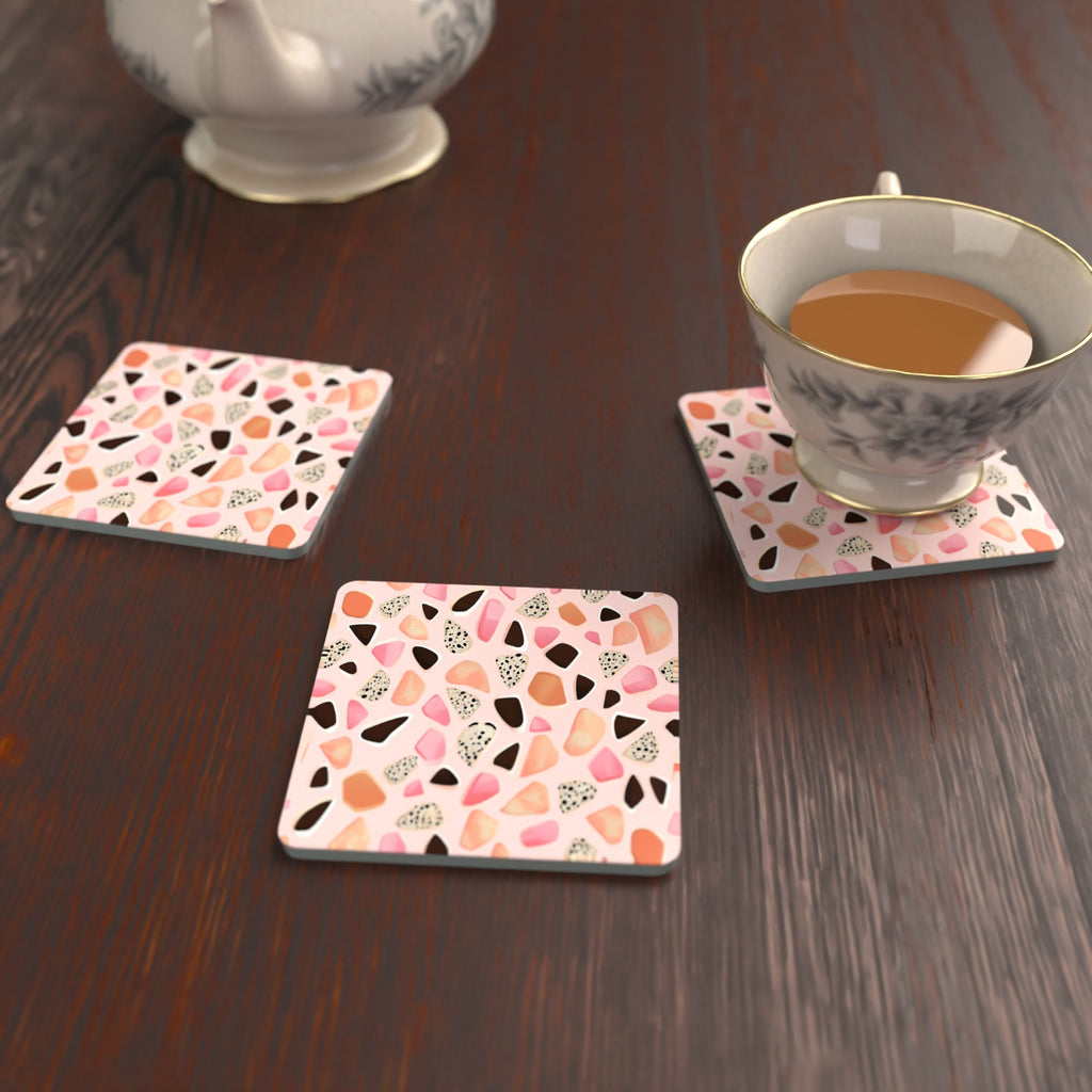 Blush Pink Terrazzo Square Glass Coasters – Set of 6 – Pre-order – lifestyle mockup 2