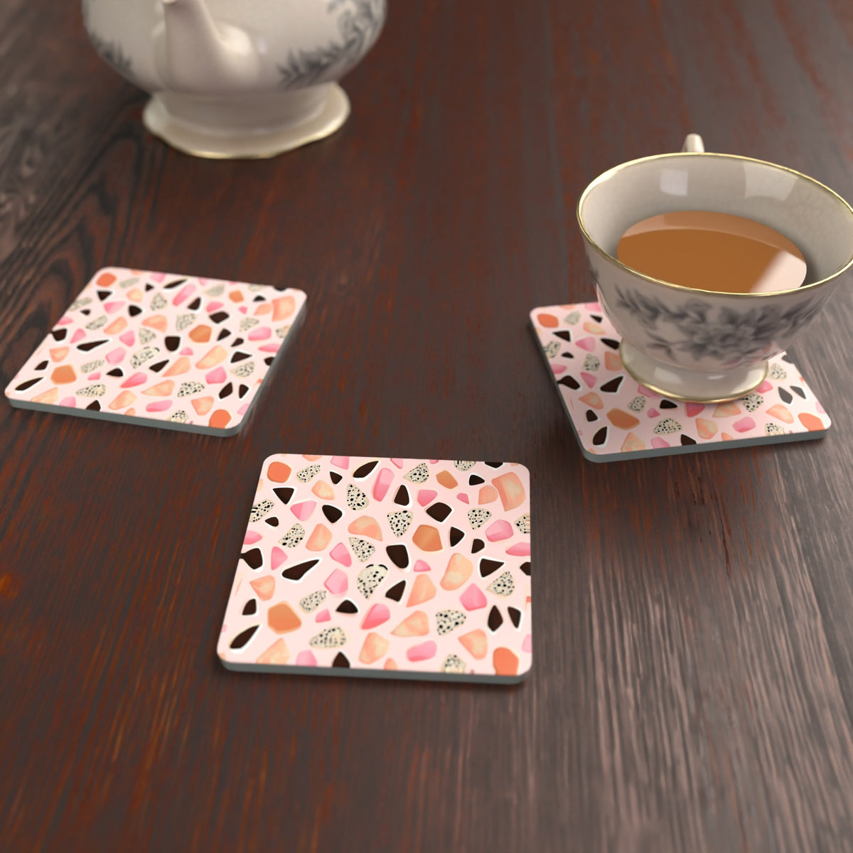 Blush Pink Terrazzo Square Glass Coasters – Set of 6 – Pre-order – lifestyle mockup 2