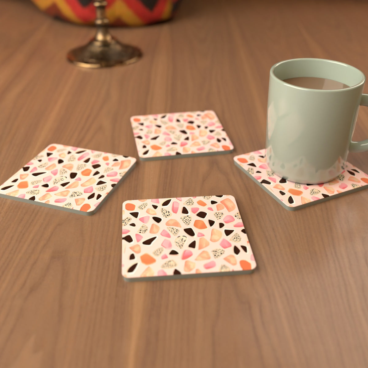 Blush Pink Terrazzo Square Glass Coasters – Set of 6 – Pre-order – lifestyle mockup 3
