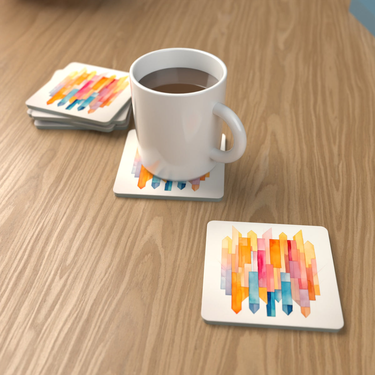 Pastel Cubist Prisms Square Glass Coasters – Set of 6 – Pre-order – lifestyle mockup 1
