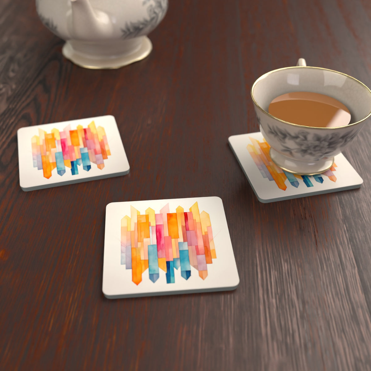Pastel Cubist Prisms Square Glass Coasters – Set of 6 – Pre-order – lifestyle mockup 2