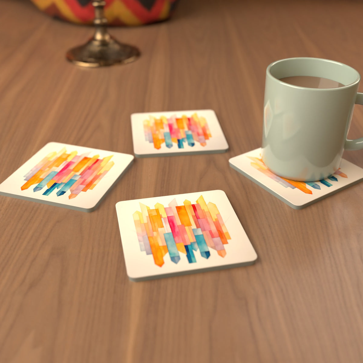 Pastel Cubist Prisms Square Glass Coasters – Set of 6 – Pre-order – lifestyle mockup 3
