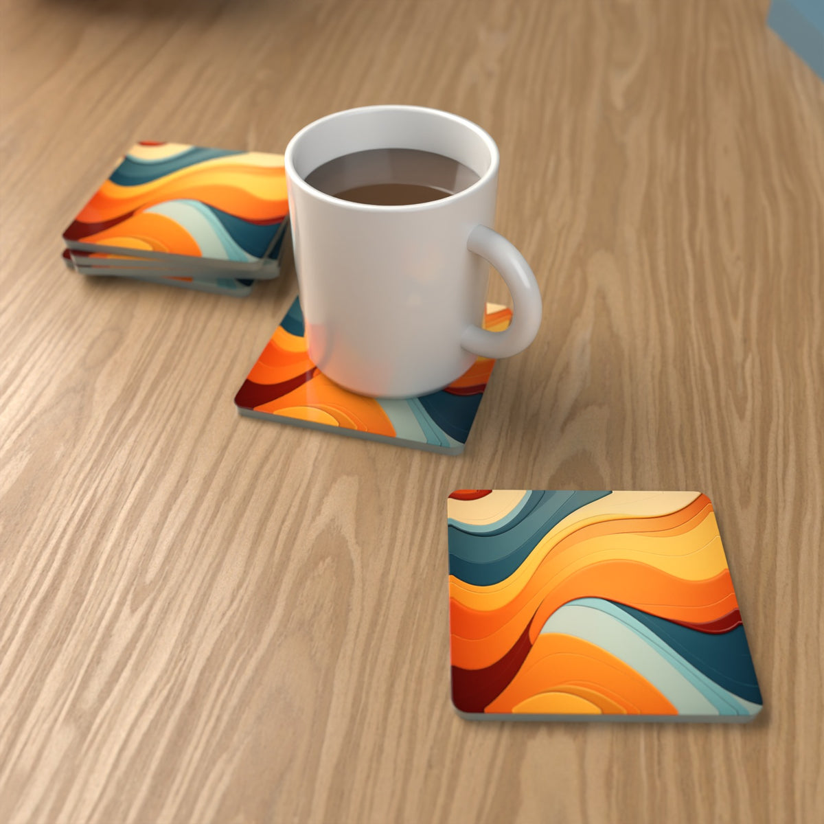 Orange & Teal Retro Waves Square Glass Coasters – Set of 6 – Pre-order – lifestyle mockup 1