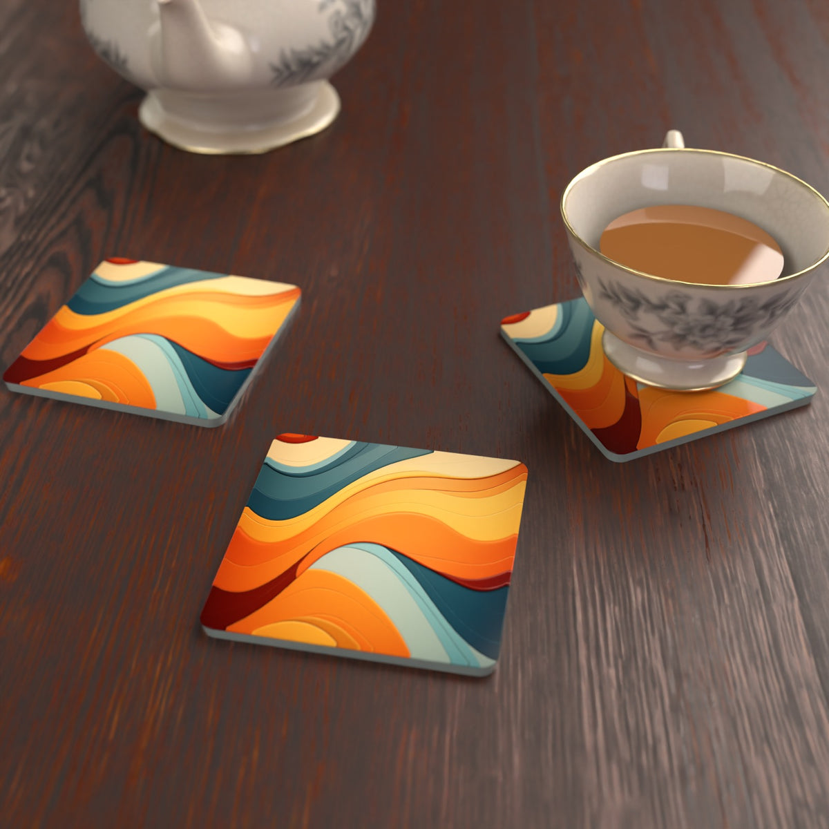 Orange & Teal Retro Waves Square Glass Coasters – Set of 6 – Pre-order – lifestyle mockup 2
