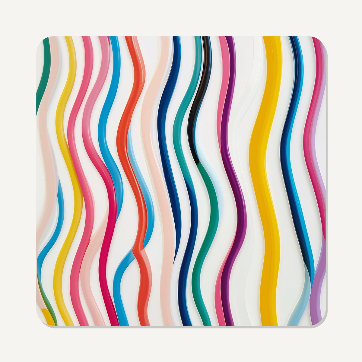 Rainbow Wavy Stripes – the flat artwork printed on these square glass coasters