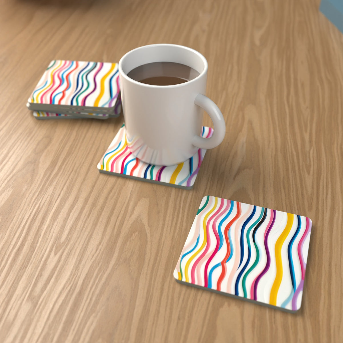 Rainbow Wavy Stripes Square Glass Coasters – Set of 6 – Pre-order – lifestyle mockup 1