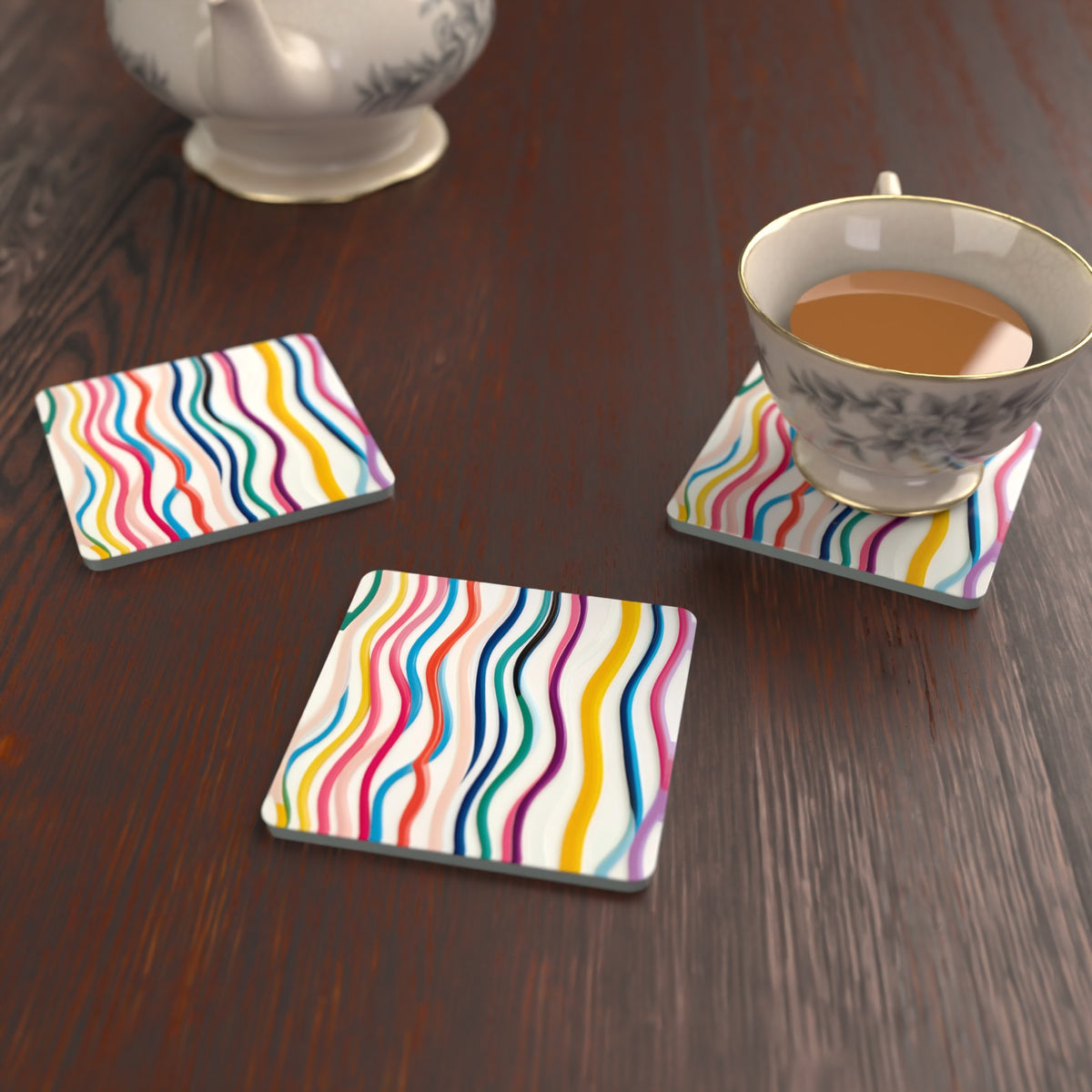 Rainbow Wavy Stripes Square Glass Coasters – Set of 6 – Pre-order – lifestyle mockup 2