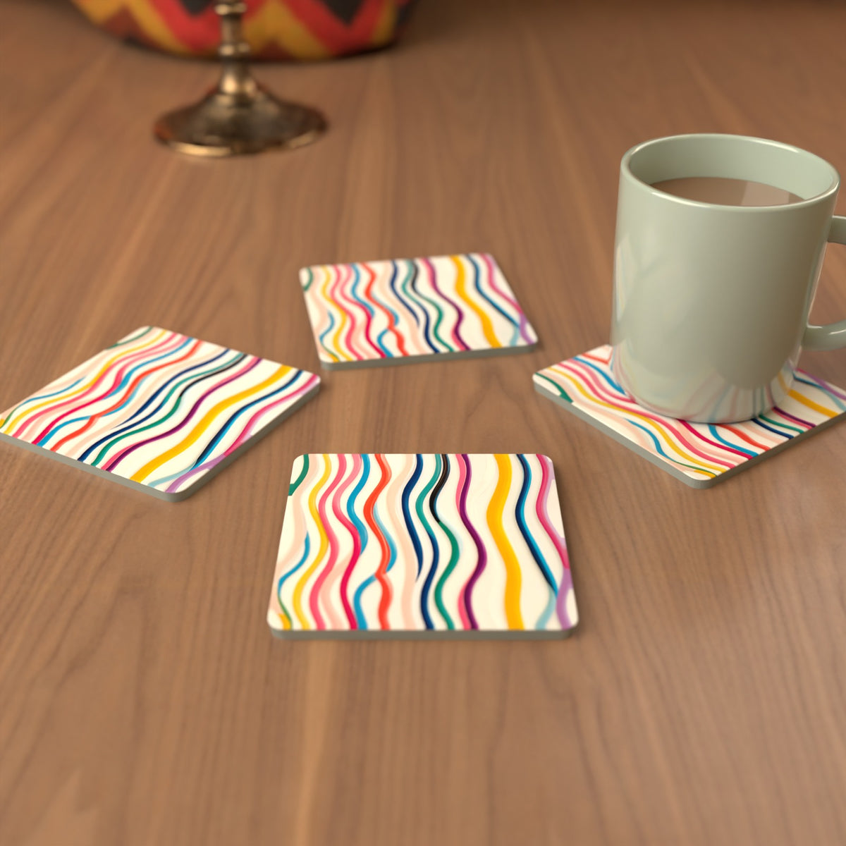 Rainbow Wavy Stripes Square Glass Coasters – Set of 6 – Pre-order – lifestyle mockup 3
