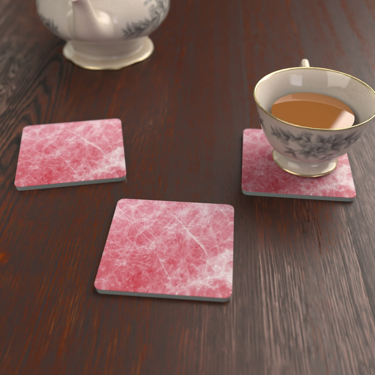 Rose Quartz Pink Marble Square Glass Coasters – Set of 6 – Pre-order – lifestyle mockup 2