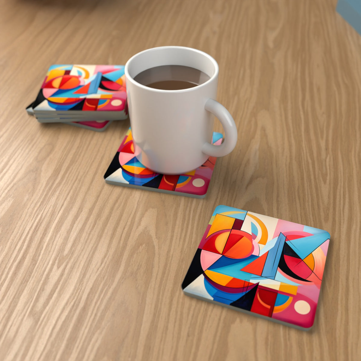 Bold Cubist Geometric Square Glass Coasters – Set of 6 – Pre-order – lifestyle mockup 1