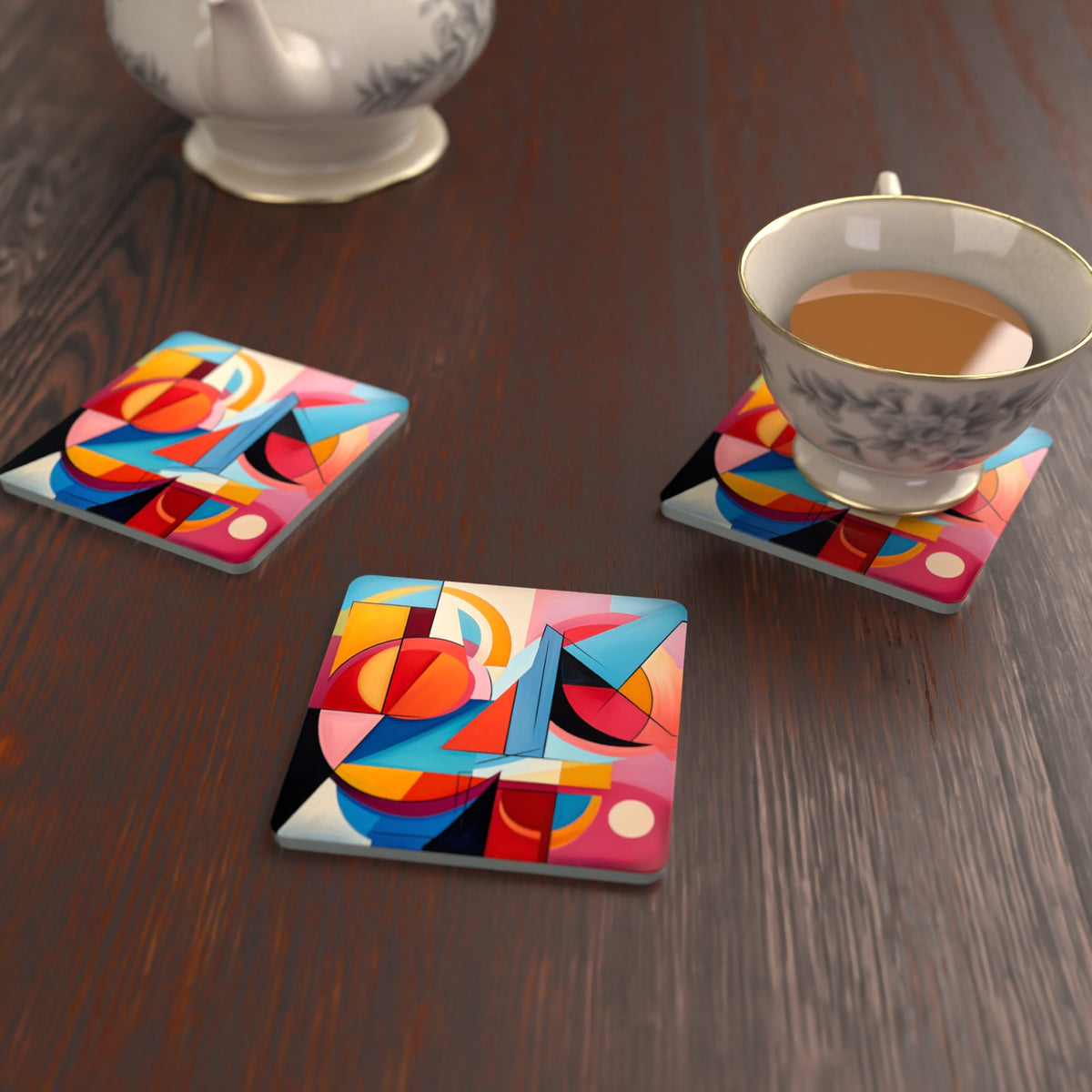Bold Cubist Geometric Square Glass Coasters – Set of 6 – Pre-order – lifestyle mockup 2