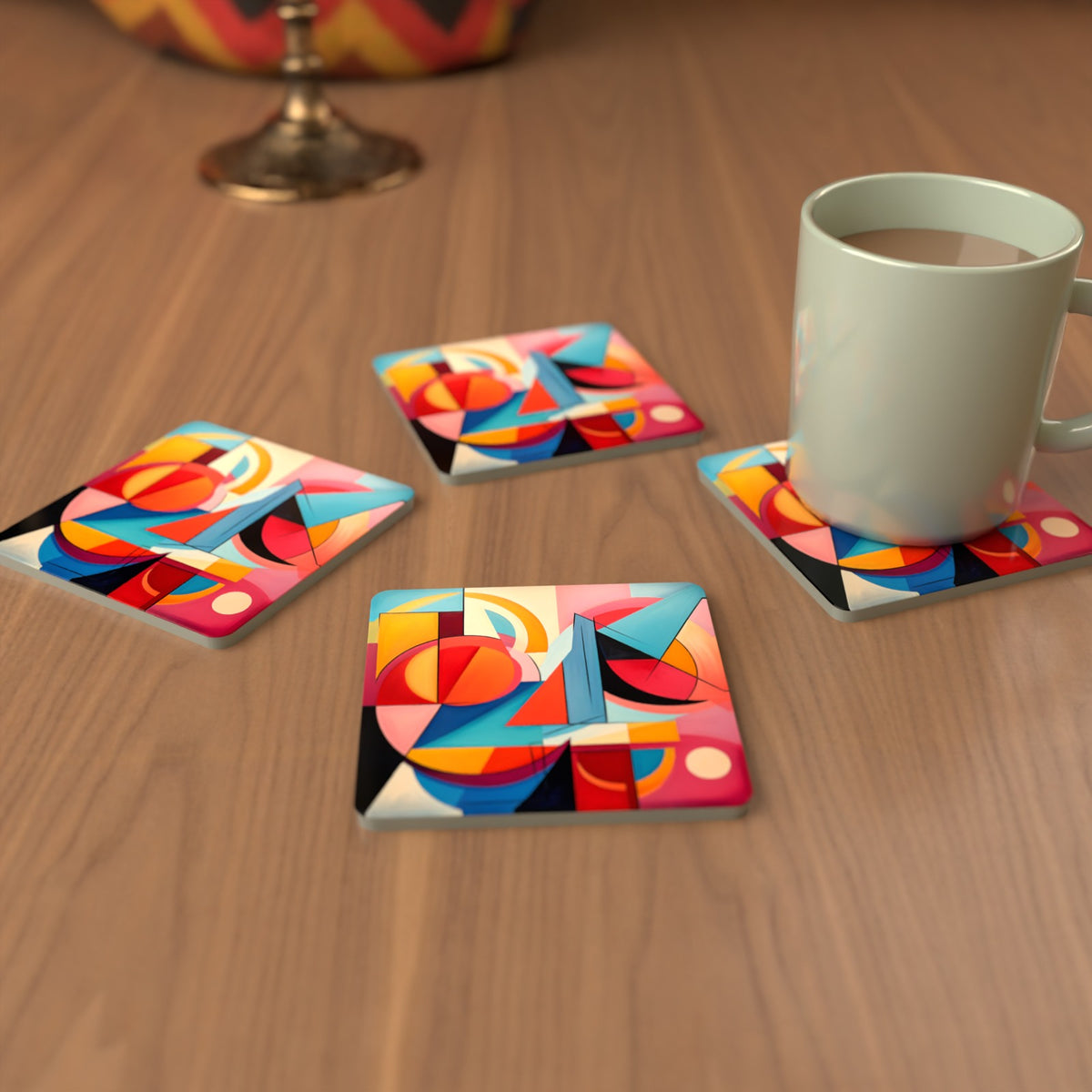 Bold Cubist Geometric Square Glass Coasters – Set of 6 – Pre-order – lifestyle mockup 3