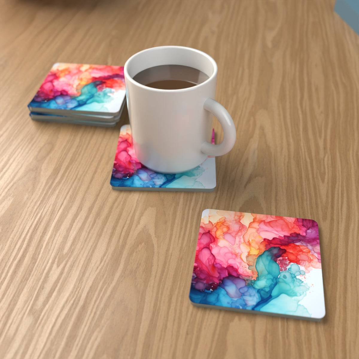 Sunset Alcohol Ink Square Glass Coasters – Set of 6 – Pre-order – lifestyle mockup 1