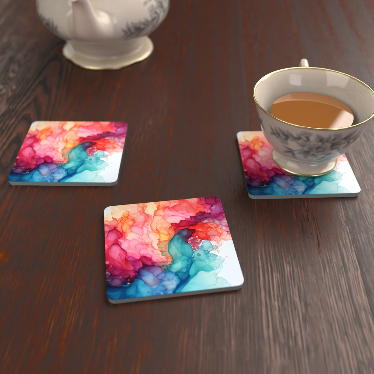 Sunset Alcohol Ink Square Glass Coasters – Set of 6 – Pre-order – lifestyle mockup 2