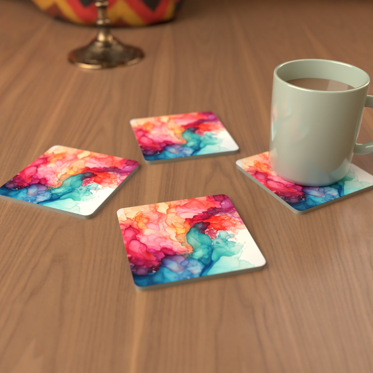 Sunset Alcohol Ink Square Glass Coasters – Set of 6 – Pre-order – lifestyle mockup 3