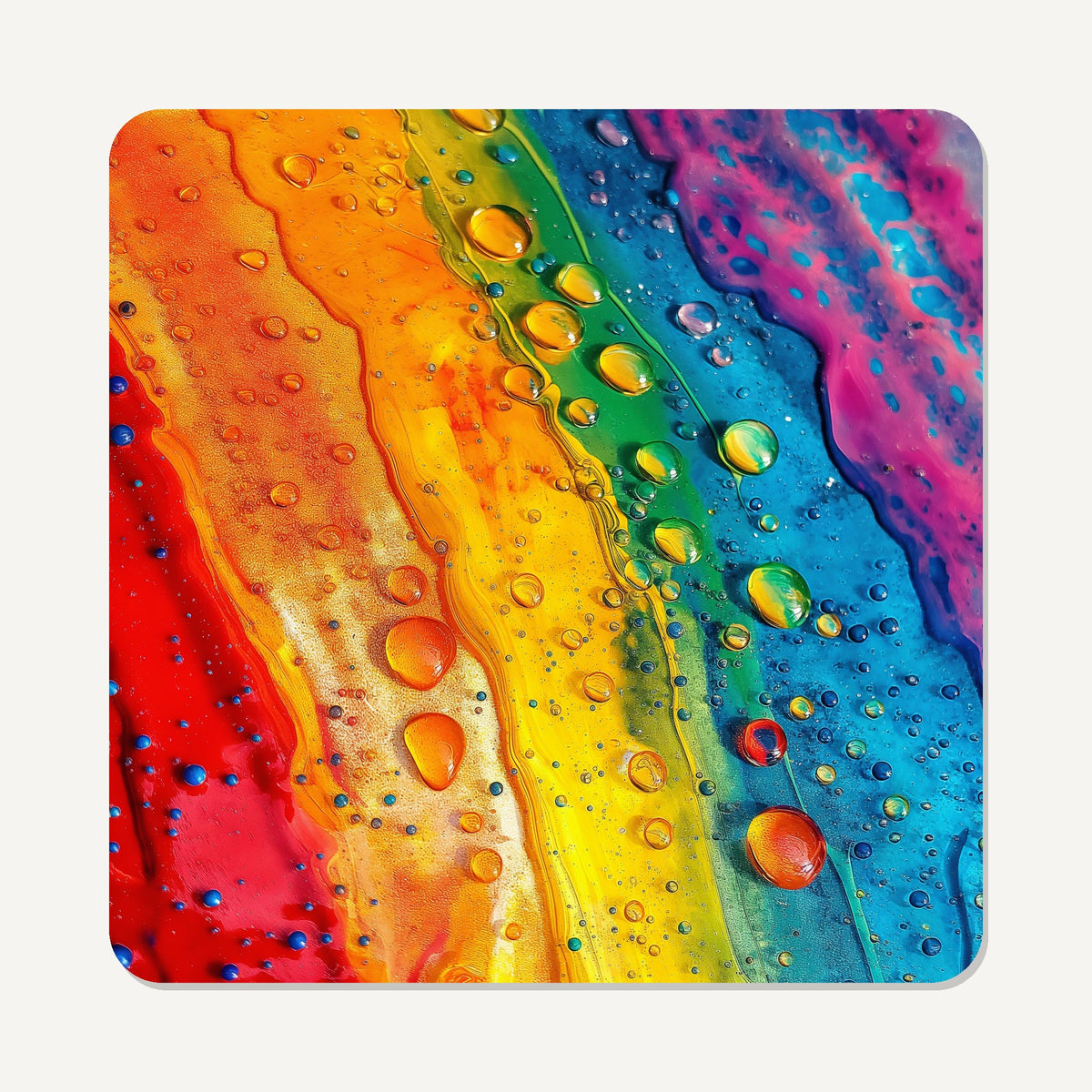 Rainbow Paint Pour – the flat artwork printed on these square glass coasters
