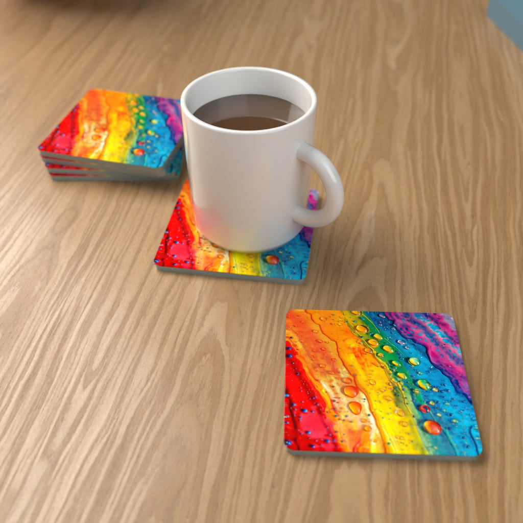 Rainbow Paint Pour Square Glass Coasters – Set of 6 – Pre-order – lifestyle mockup 1