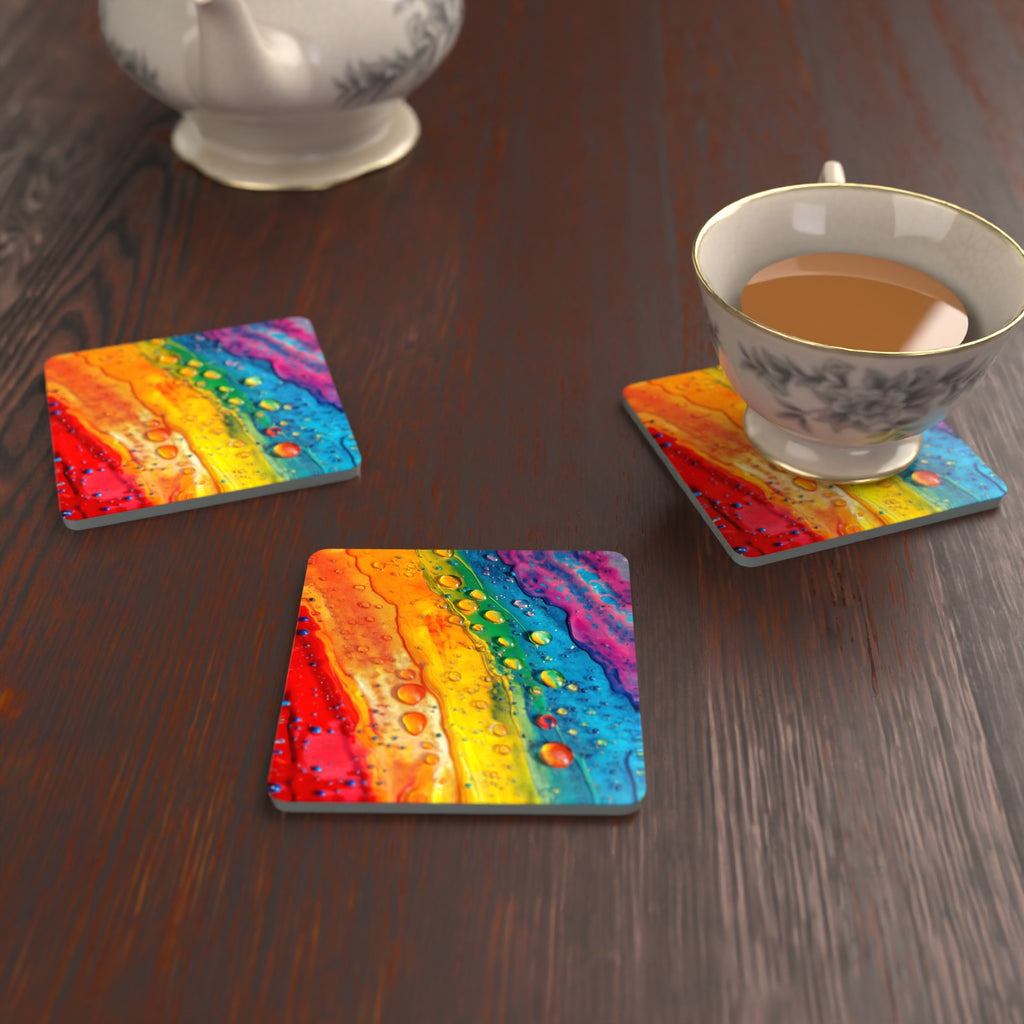Rainbow Paint Pour Square Glass Coasters – Set of 6 – Pre-order – lifestyle mockup 2